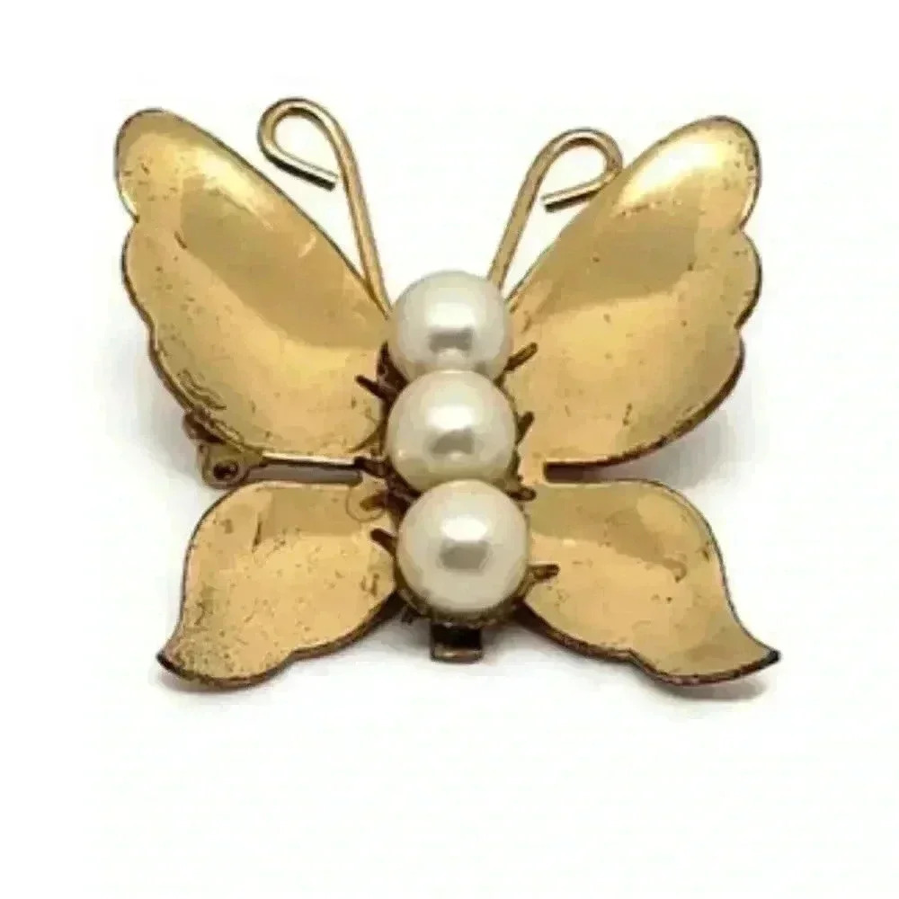 Vintage Signed CORO Butterfly Brooch Faux Pearl Body Boho Gold Toned Figural